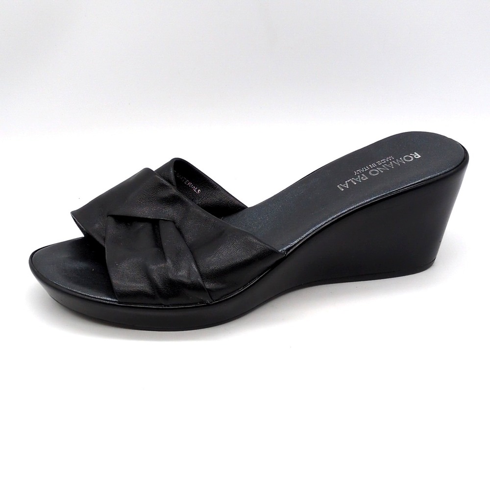 Romano Palai Shoes Womens Black 8.5 Leather Slide Sandals Wedge Chic Italy